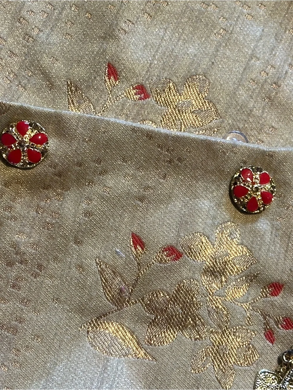 Embroidered Gold-Tone Brocade Jacket with Red Accents